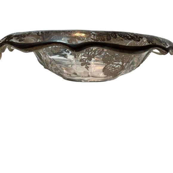 Vintage Silver Overlay Clear Glass Decorative Bowl With Floral Design & Scallope - Picture 8 of 11